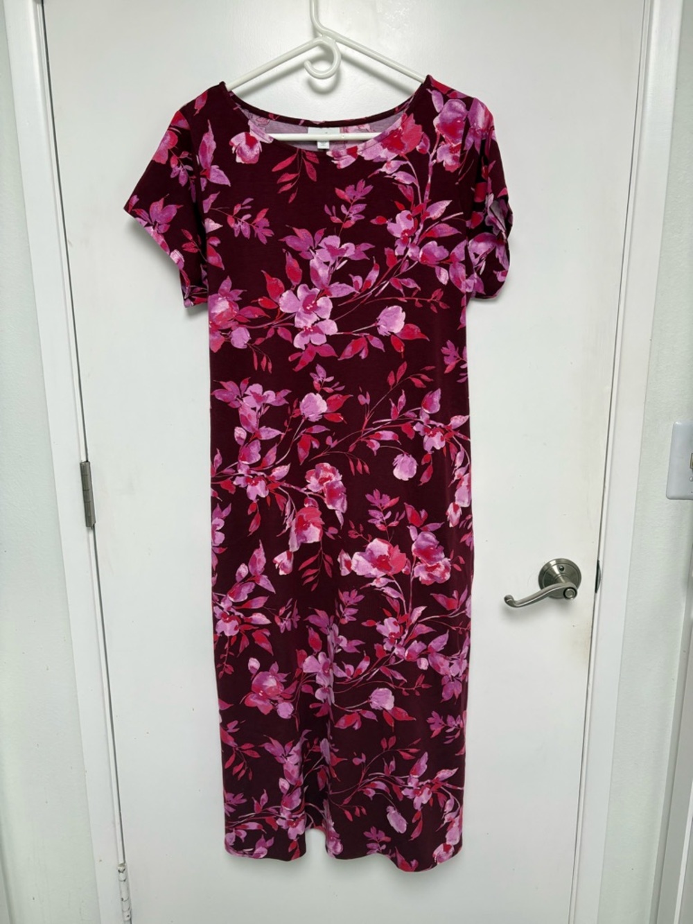 J. Jill Vibrant Berry Floral Midi Dress with  Pink Blooms with belt Size LP